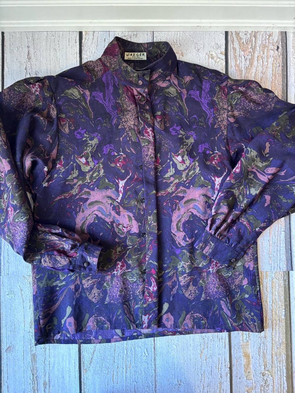 Vintage Jaeger 100% Wool Button Down Blouse Purple Abstract